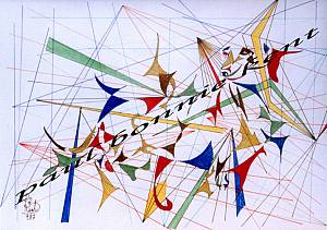 Mostra di pittura con dipinti figurativi astratti.